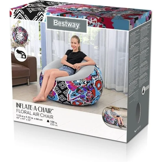 Bestway 1.12m x 1.12m x 66cm inflate-a-chair floral air chair (contents:chair, repair patch,)